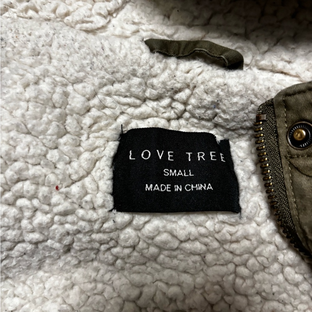 Love Tree Olive Jacket with Cream Sherpa Lining